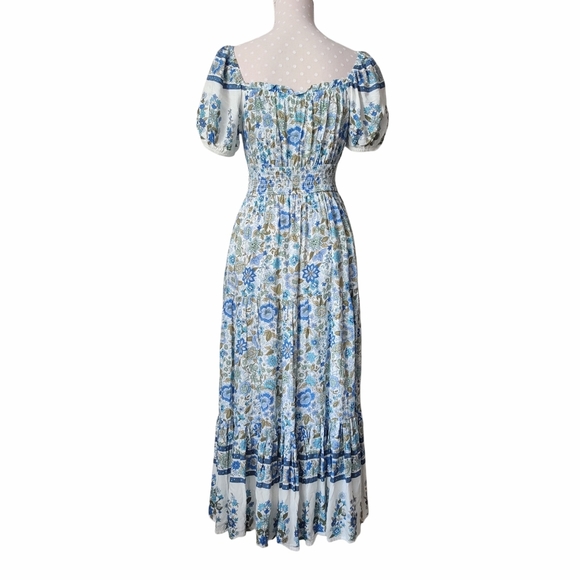 BY THE RIVER Floral Dress Puff Sleeve Midi Smocked Peasant Boho Cottagecore NWOT - Picture 2 of 8
